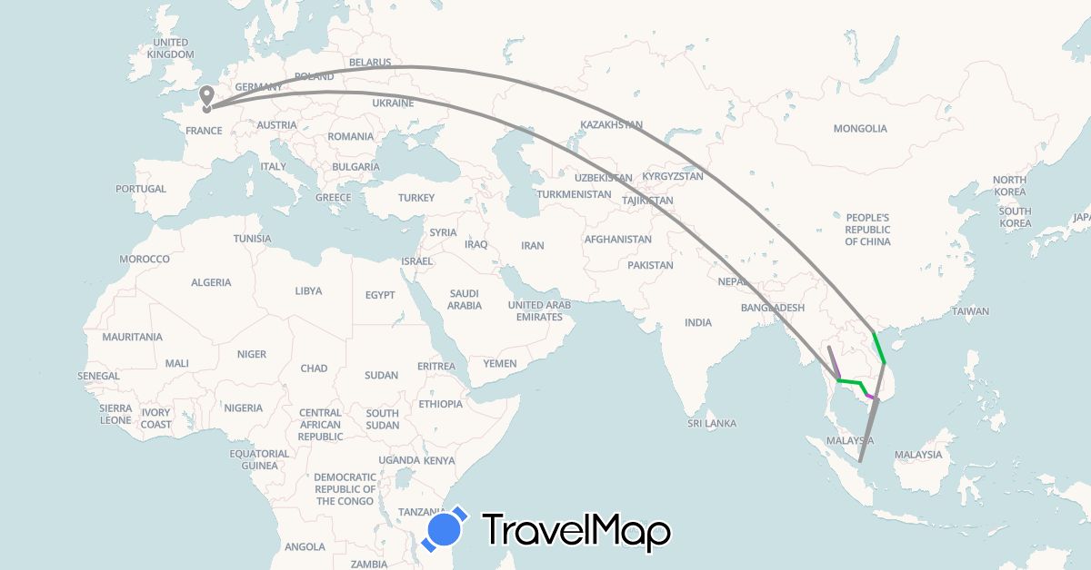 TravelMap itinerary: bus, plane, train in France, Cambodia, Singapore, Thailand, Vietnam (Asia, Europe)